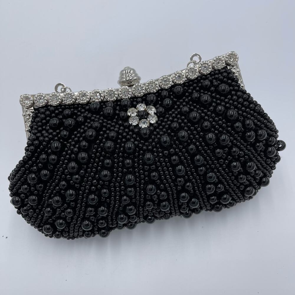 Retro Black Floral Embellished Large Beading Evening Clutch - Picture 2 of 5